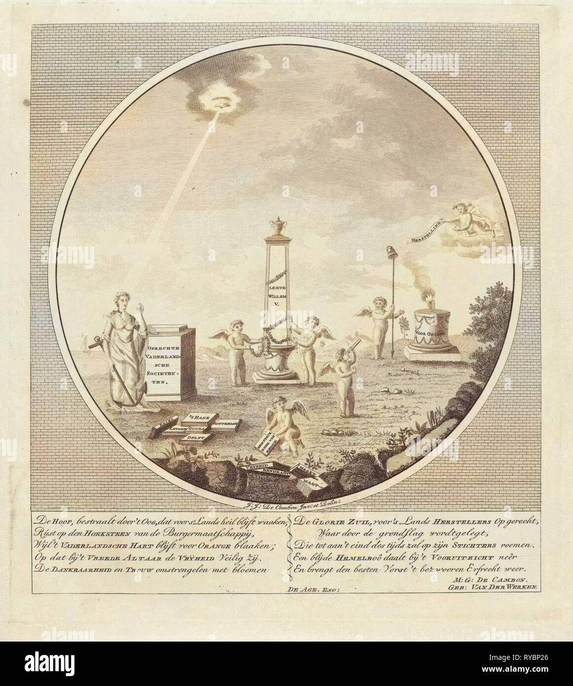 Allegoria sulla creazione del Oprechte Vaderlandsche Societeiten nel 1787, anonimo, Maria Geertruida de Cambon-van der Werken, Johannes François Jacobs de Agé, 1787 Foto Stock