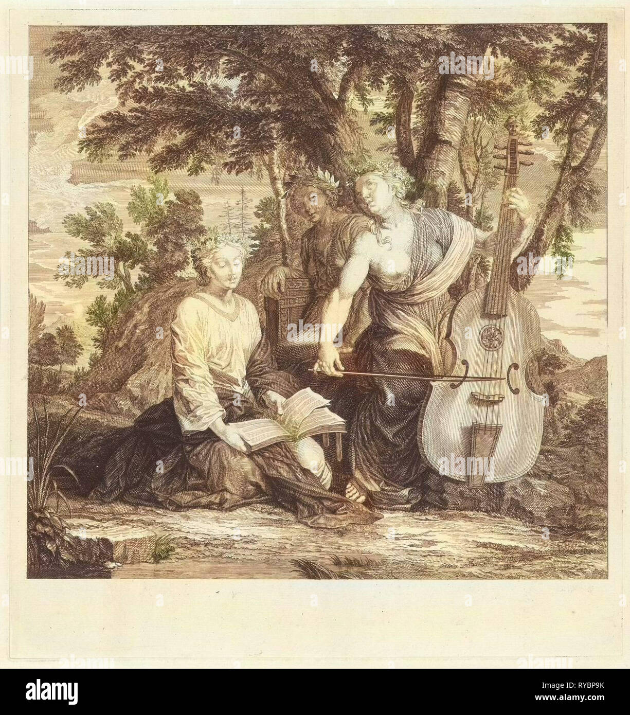 Paesaggio con tre far musica muse, Eustache Lesueur Bernard Picart, 1683 - 1733 Foto Stock