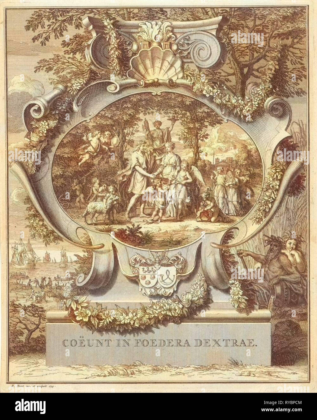 Allegoria in occasione del matrimonio di Giacobbe Alewijn Ghijzen e Vorsterman Perina, Bernard Picart, 1719 Foto Stock