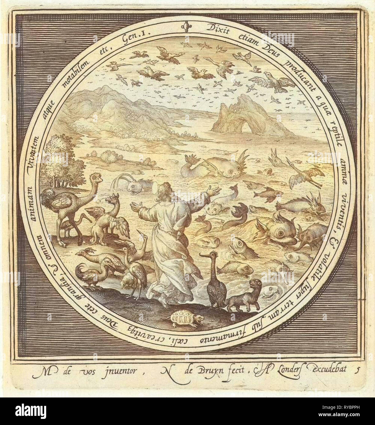 Quinto giorno della creazione Dio crea i pesci e uccelli, Nicolaes De Bruyn, Assuerus di Londerseel, 1581-1656 Foto Stock