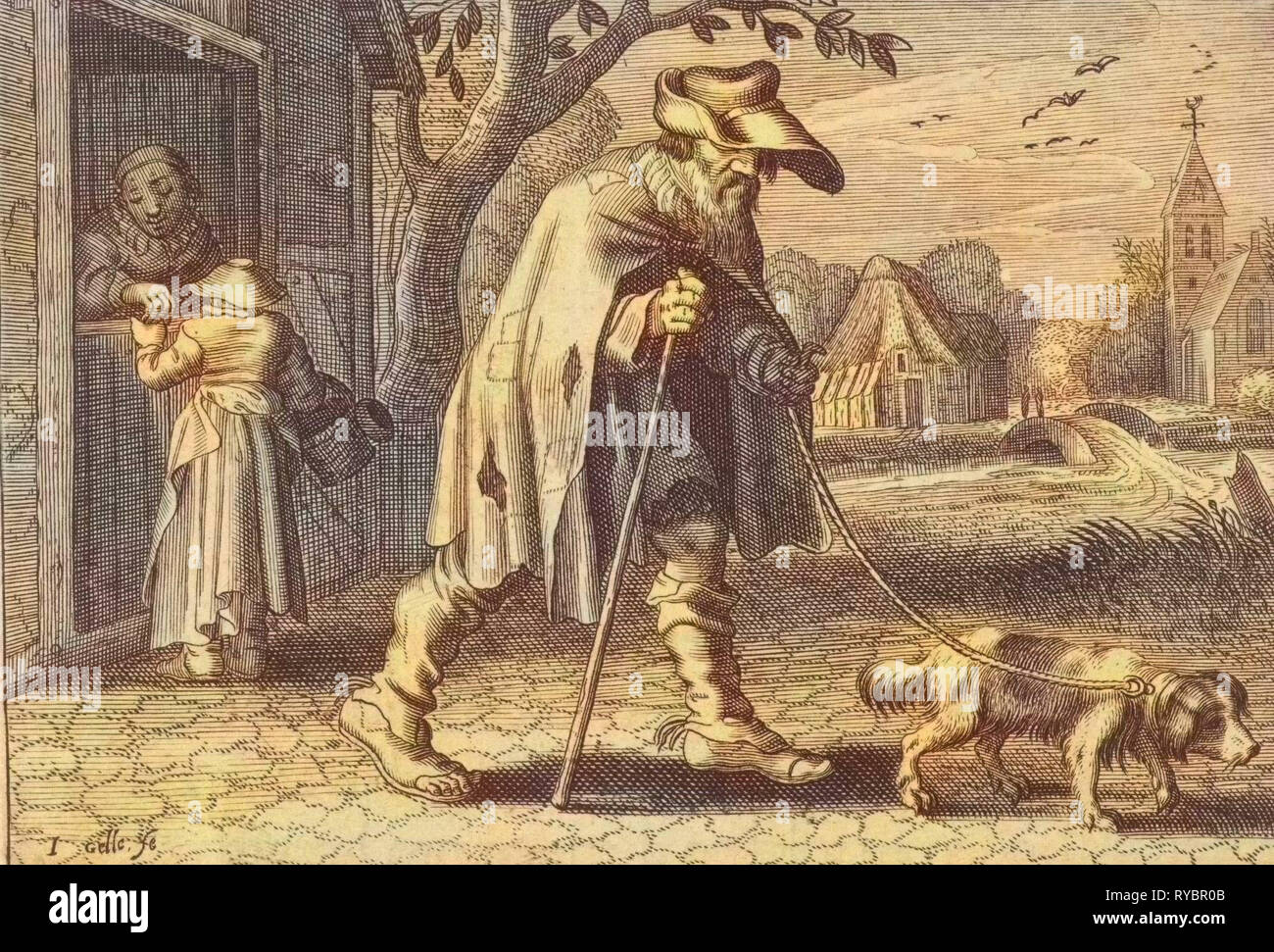 Cieco guidato da un cane, donna davanti alla porta della sua casa, acquista qualcosa da un mercato in stallo, stampa maker: Johann Gelle (menzionato in oggetto), risalente 1624 Foto Stock