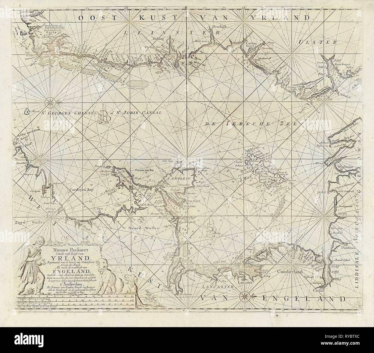 Diagramma del mare di parte del Mare d'Irlanda tra Irlanda e Gran Bretagna e il St George's canale, con due compass rose, il nord è a destra, sulla scala sono due cani e un pastore, Jan Luyken, risalente 1681 - 1803 Foto Stock