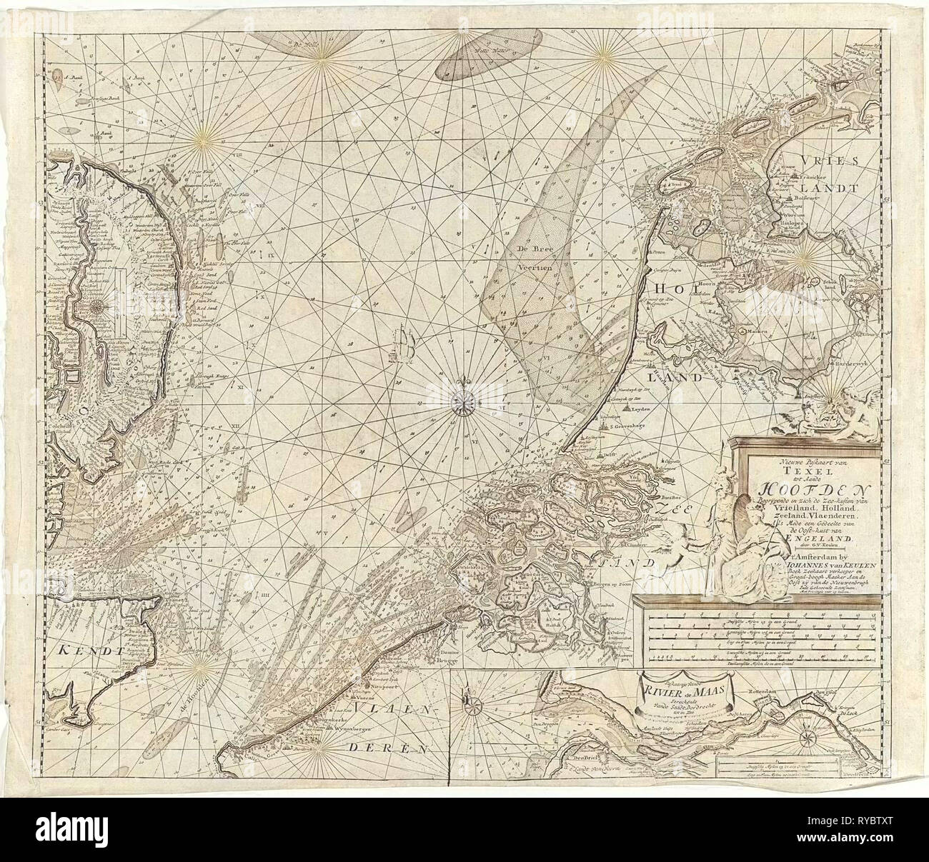 Diagramma di mare della parte meridionale del Mare del Nord e parte della costa orientale dell'Inghilterra, Gerard Van Keulen, Johannes Van Keulen (MI), sconosciuto, 1688 - 1803 Foto Stock