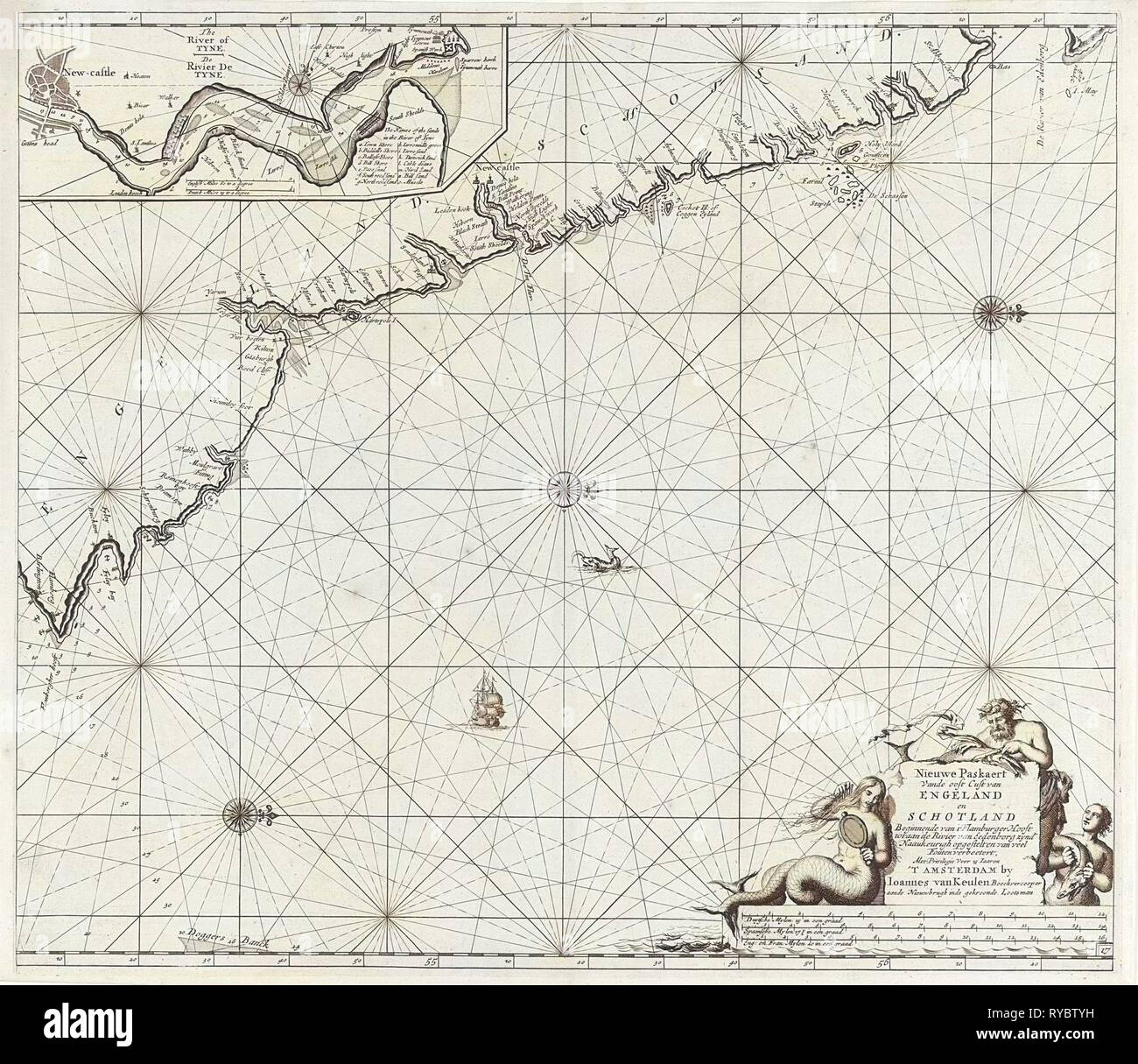 Diagramma del mare di parte della costa nord-orientale dell'Inghilterra e parte della Scozia, Jan Luyken, Johannes Van Keulen (MI), sconosciuto, 1681 - 1799 Foto Stock