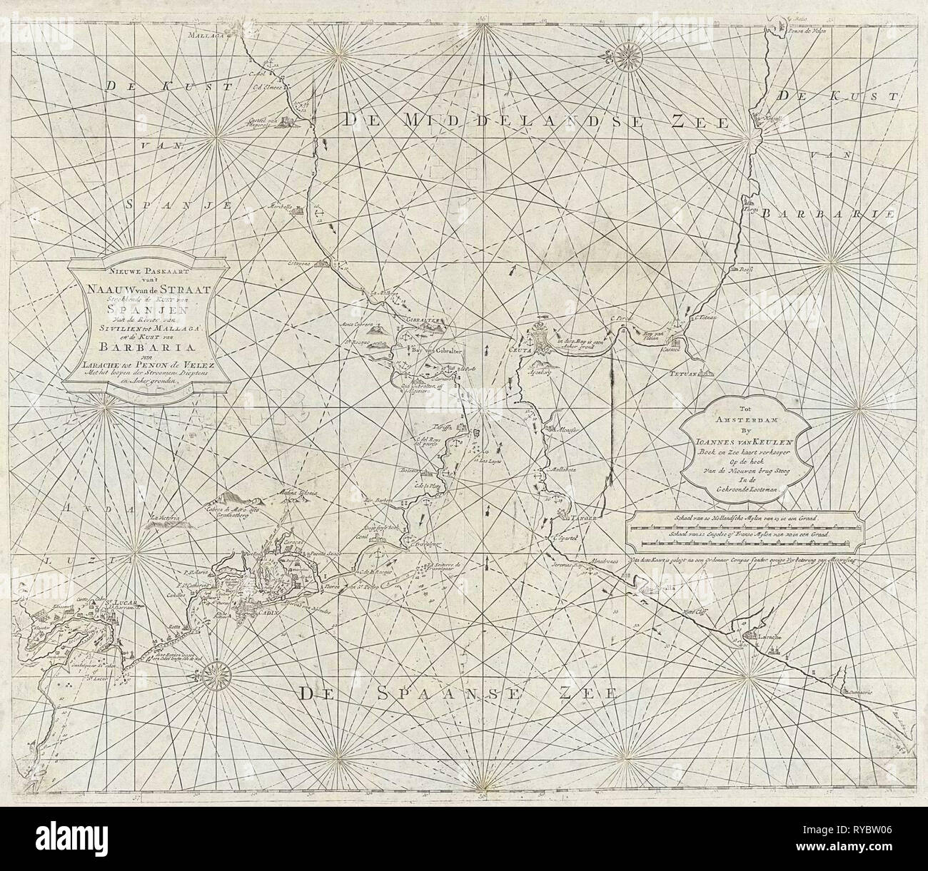 Diagramma del mare dello Stretto di Gibilterra, anonimo, Johannes Van Keulen (II), 1681 - 1803 Foto Stock