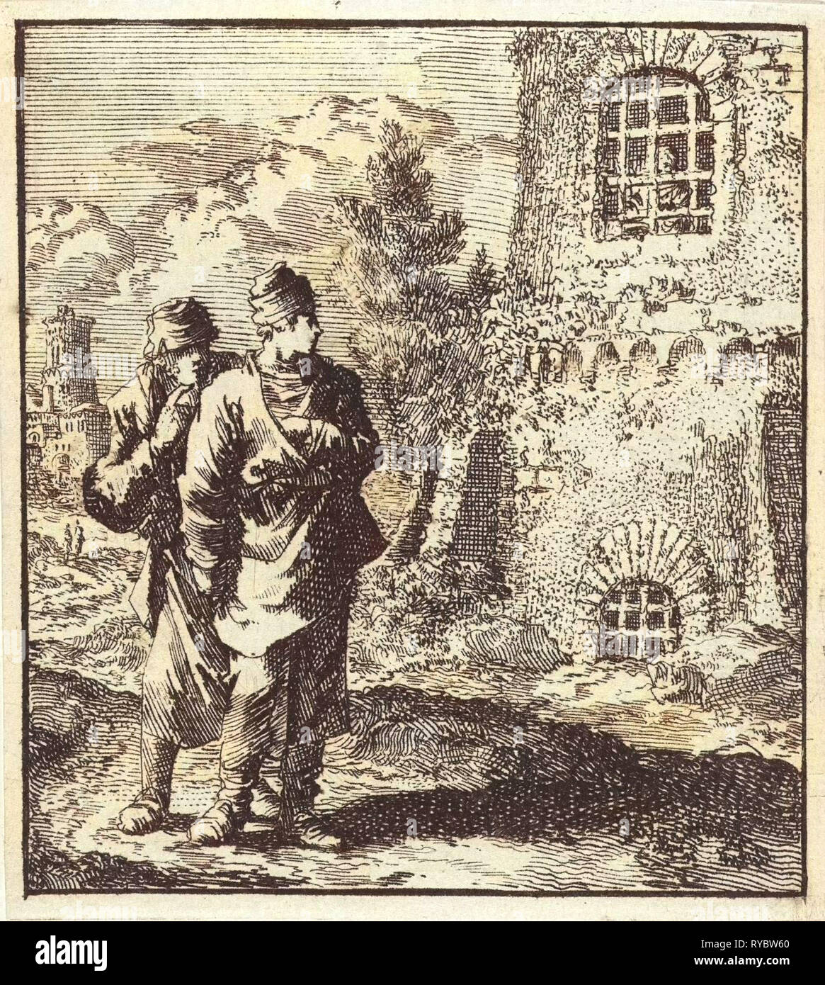 Due viaggiatori guardando un uomo dietro le sbarre di una prigione, stampa maker: Jan Luyken, wed. Pieter Arentsz & Cornelis van der Sys II, 1711 Foto Stock