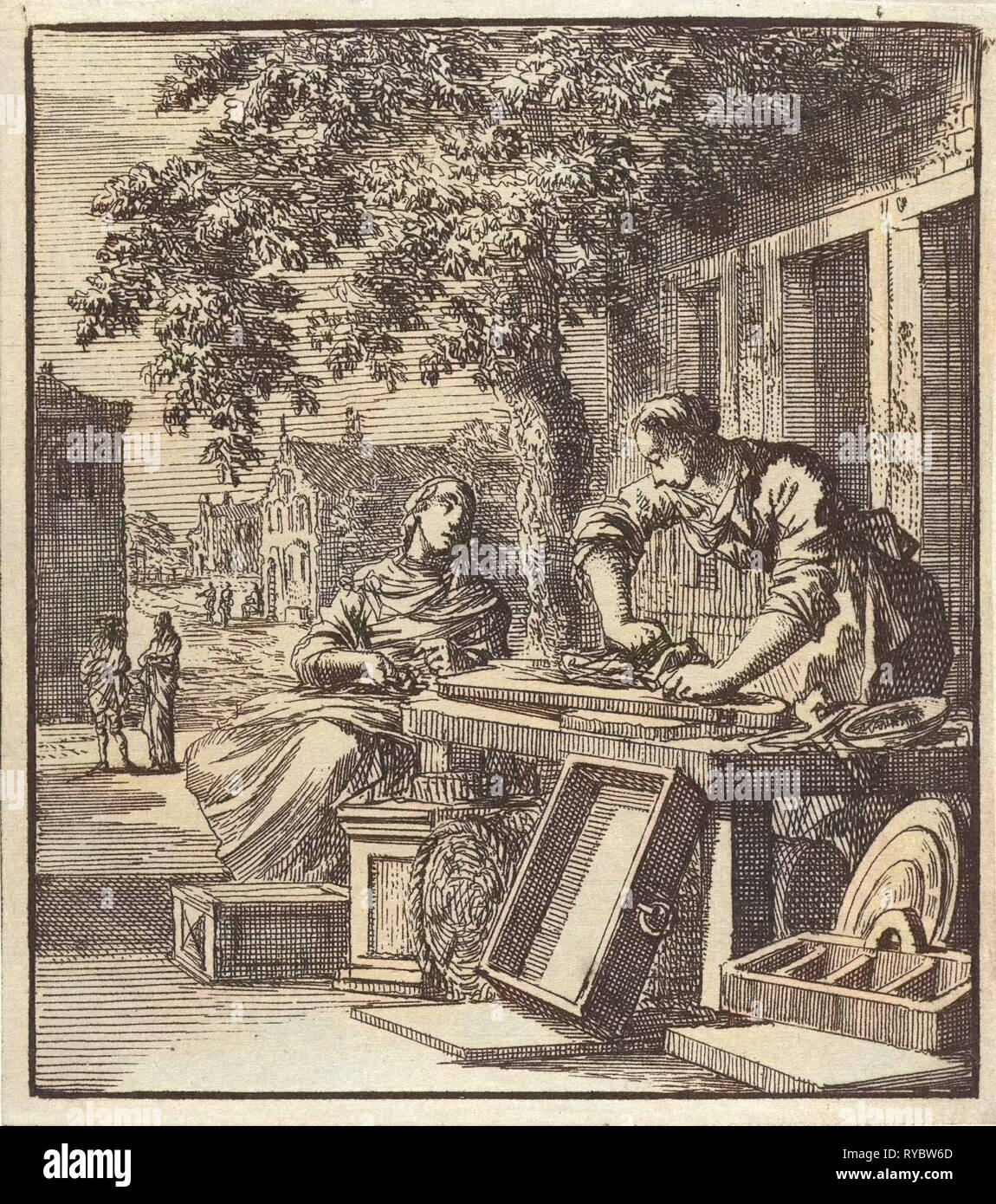 Un uomo sands legno davanti alla facciata di una casa, stampa maker: Jan Luyken, wed. Pieter Arentsz & Cornelis van der Sys II, 1711 Foto Stock