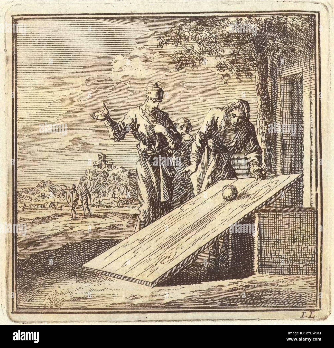 Due uomini consentono una sfera rotola giù su una tavola di legno, stampa maker: Jan Luyken, wed. Pieter Arentsz & Cornelis van der Sys II, 1711 Foto Stock
