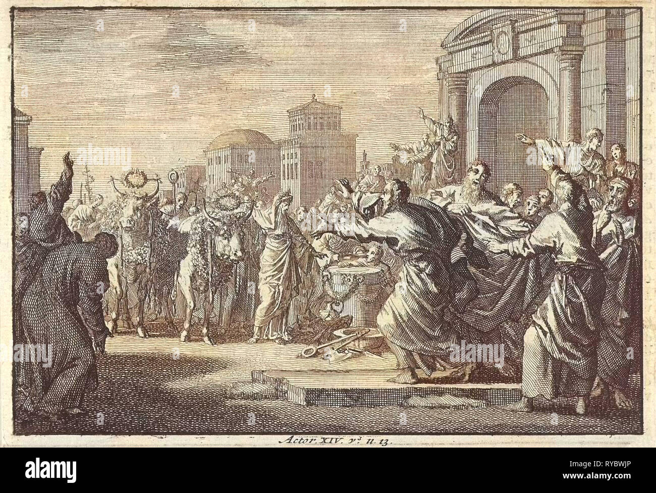 I residenti di Listra vuole sacrificare il bestiame a Paolo e Barnaba, Jan Luyken, Pieter Mortier, 1703-1762 Foto Stock