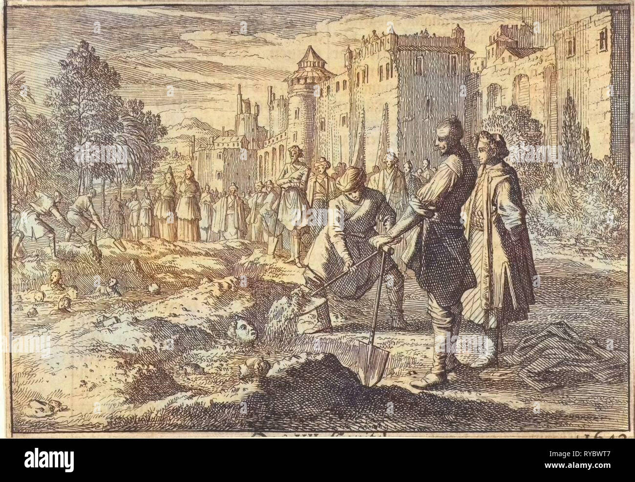 Safi, lo scià di Persia, seppellisce quaranta del suo harem di donne che vivono nel giardino di un palazzo come punizione per il complotto contro la sua vita, 1642. Johann David Zunnern, 1701 Foto Stock