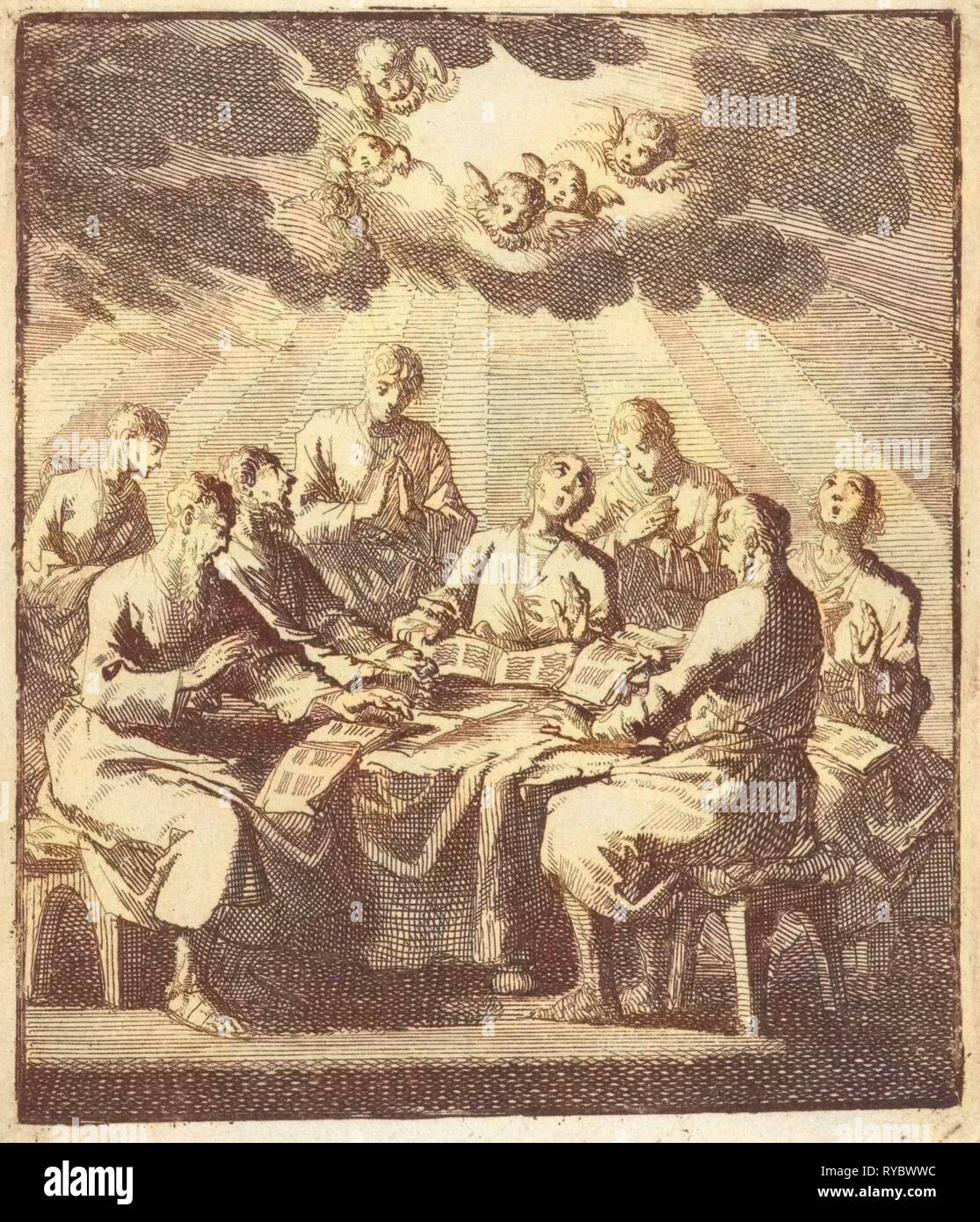 Otto uomini cantare intorno ad un tavolo, Jan Luyken, Jan Huygen, Jacobus van Hardenberg, 1700 Foto Stock