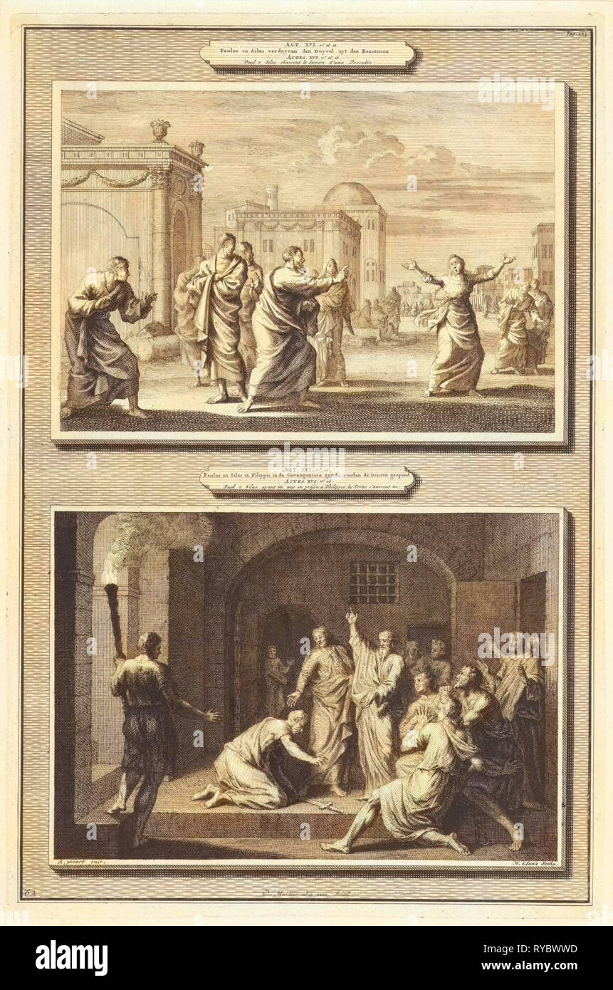 Paolo guarì possedeva una donna e la conversione del carceriere Philippian, Jan Luyken, Hendrik Elandt, Bernard Picart, 1700 Foto Stock