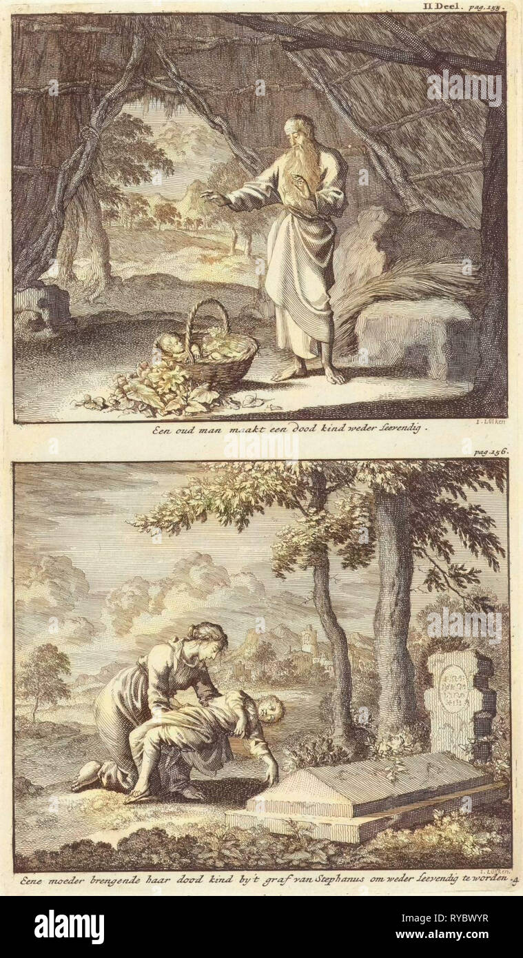 La risurrezione di un bambino morto e una donna portando il suo bambino morto presso la tomba di Santo Stefano, stampa maker: Jan Luyken, Jacobus van Hardenberg, Barent Visscher, 1701 Foto Stock