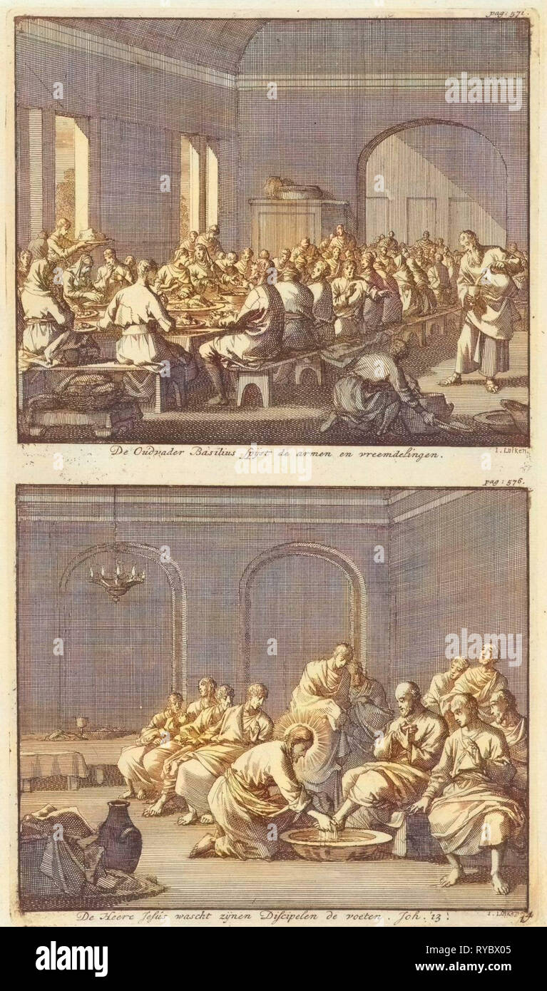 San Basilio serve un pasto ai poveri e Cristo lavando i piedi di Pietro, Jan Luyken, Jacobus van Hardenberg, Barent Visscher, 1700 Foto Stock