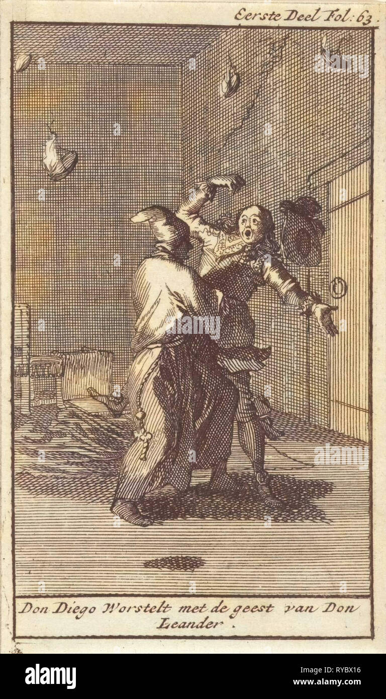 Don Diego lotte con lo spirito di Don Leandro, Caspar Luyken, Jan Claesz dieci Hoorn, 1699 Foto Stock