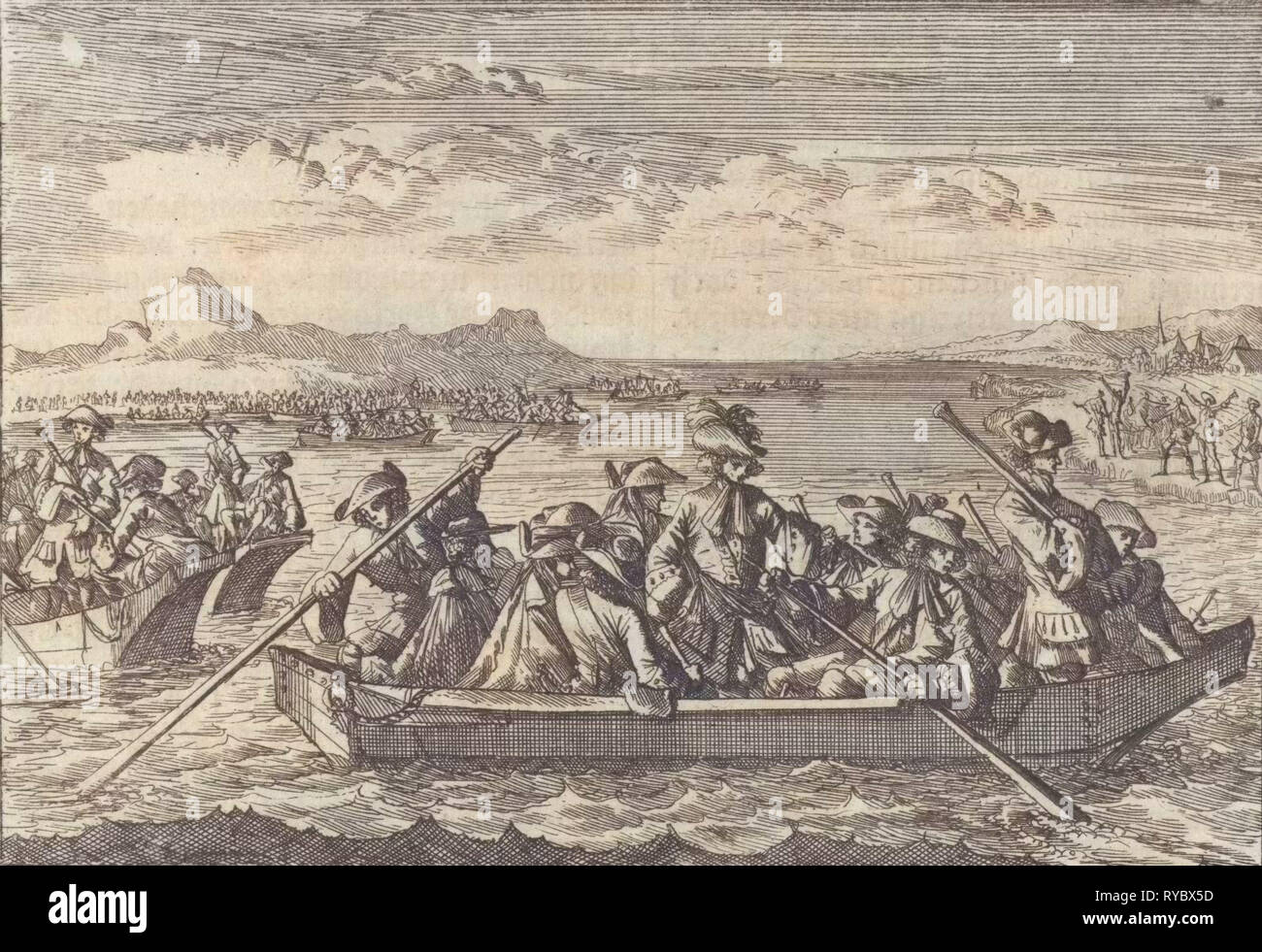 Valdesi inseguito dai Savoia che attraversa il lago di Ginevra in barche a ritornare al loro paese, 1689, Svizzera Foto Stock
