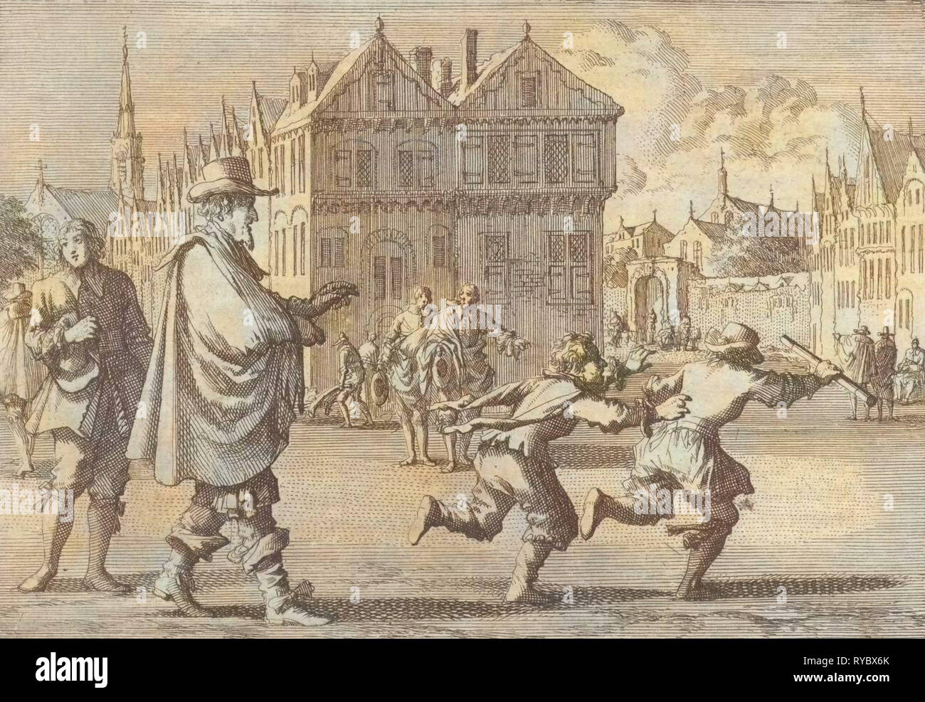Ragazzo offende il sindaco di Strasburgo per rubare il bastone dal suo cancelliere, 1671 Francia, stampa maker: Jan Luyken, Pieter van der Aa I, 1698 Foto Stock
