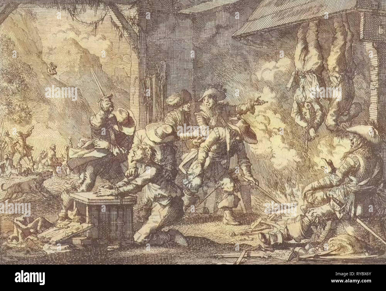 Le atrocità del francese nel Principato di Liegi in Belgio, 1650, stampa maker: Jan Luyken, Pieter van der Aa I, 1698 Foto Stock