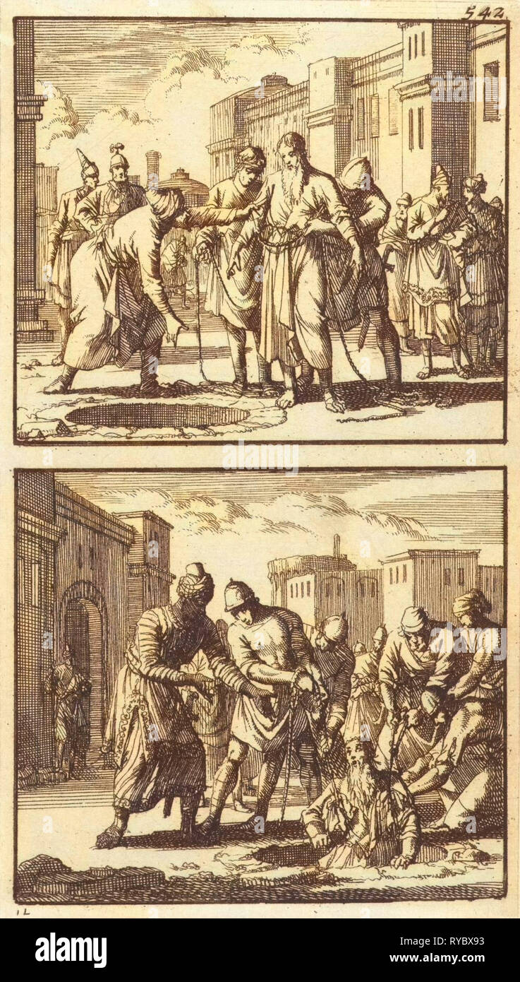 Geremia gettato in una fossa, Geremia tirato fuori dalla fossa, Jan Luyken, Barent Visscher, Andries Van Damme, 1698 Foto Stock