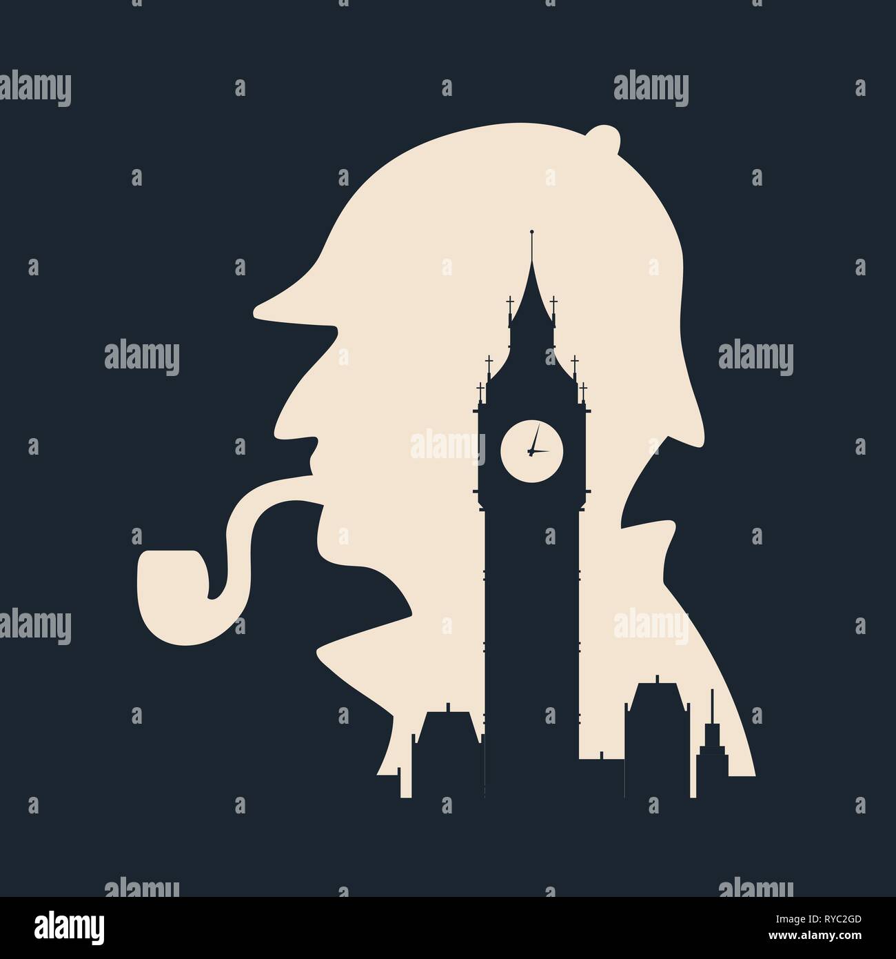 Sherlock Holmes silhouette con il Big Ben di Londra. Illustrazione Vettoriale Illustrazione Vettoriale