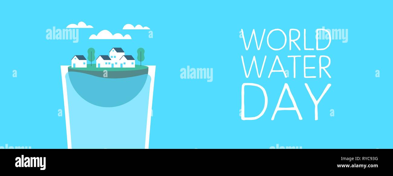 Giornata mondiale dell'acqua banner web illustrazione per il cambiamento climatico e l'ambiente il concetto di cura. Piccola città fluttuante all'interno di bicchiere. Illustrazione Vettoriale