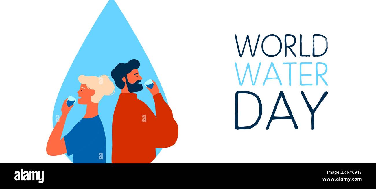 Giornata mondiale dell'acqua banner web illustrazione di un uomo e di una donna di bere. Pulizia sicura bere acque del concetto di ambiente globale consapevolezza di cura. Illustrazione Vettoriale