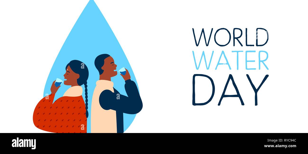 Giornata mondiale dell'acqua banner web immagine dell uomo nero e donna indiana giovane bere. Pulizia sicura bere acque del concetto di massa globale ambiente ca Illustrazione Vettoriale