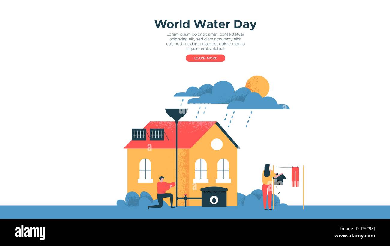 Giornata mondiale dell'acqua illustrazione, landing page web template di lo stile di vita delle persone in attività eco friendly house per acque dolci la consapevolezza e la natura hel Illustrazione Vettoriale