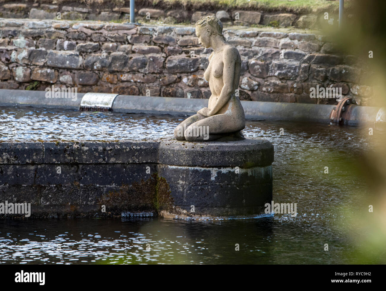 Miranda la ninfa di acqua in aspirazione Langden United Utilities punto di raccolta per l'acqua da Langden Brook, Dunsop Bridge, Lancashire. Il life-size Foto Stock