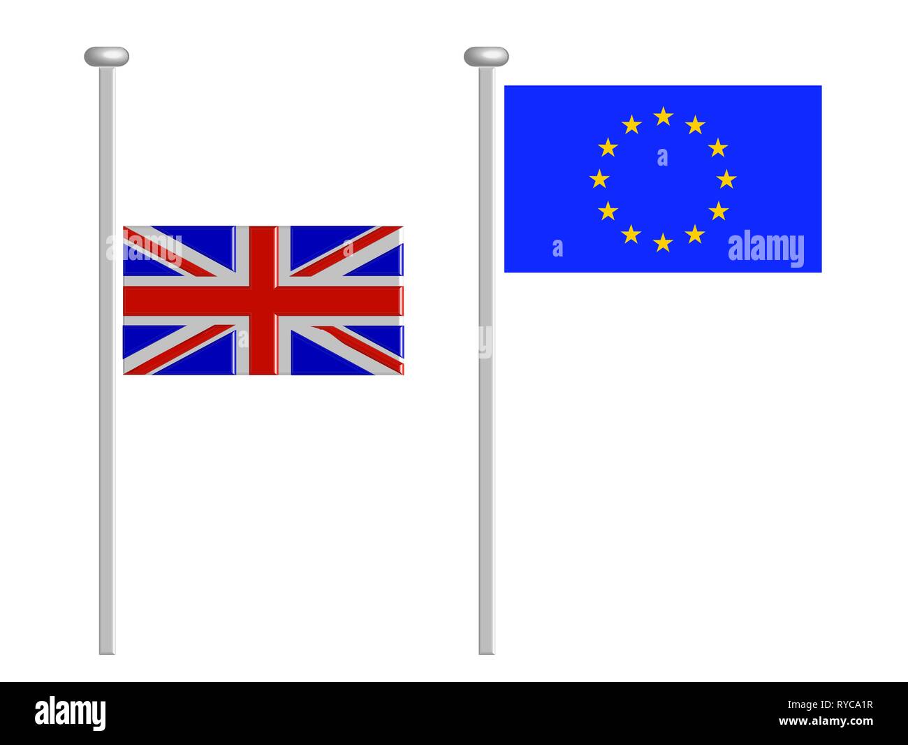 Bandiera britannica battenti a metà-personale e bandiera UE al top - concetto Brexit - REGNO UNITO E Inghilterra economia dopo Brexit - isolato su bianco Foto Stock