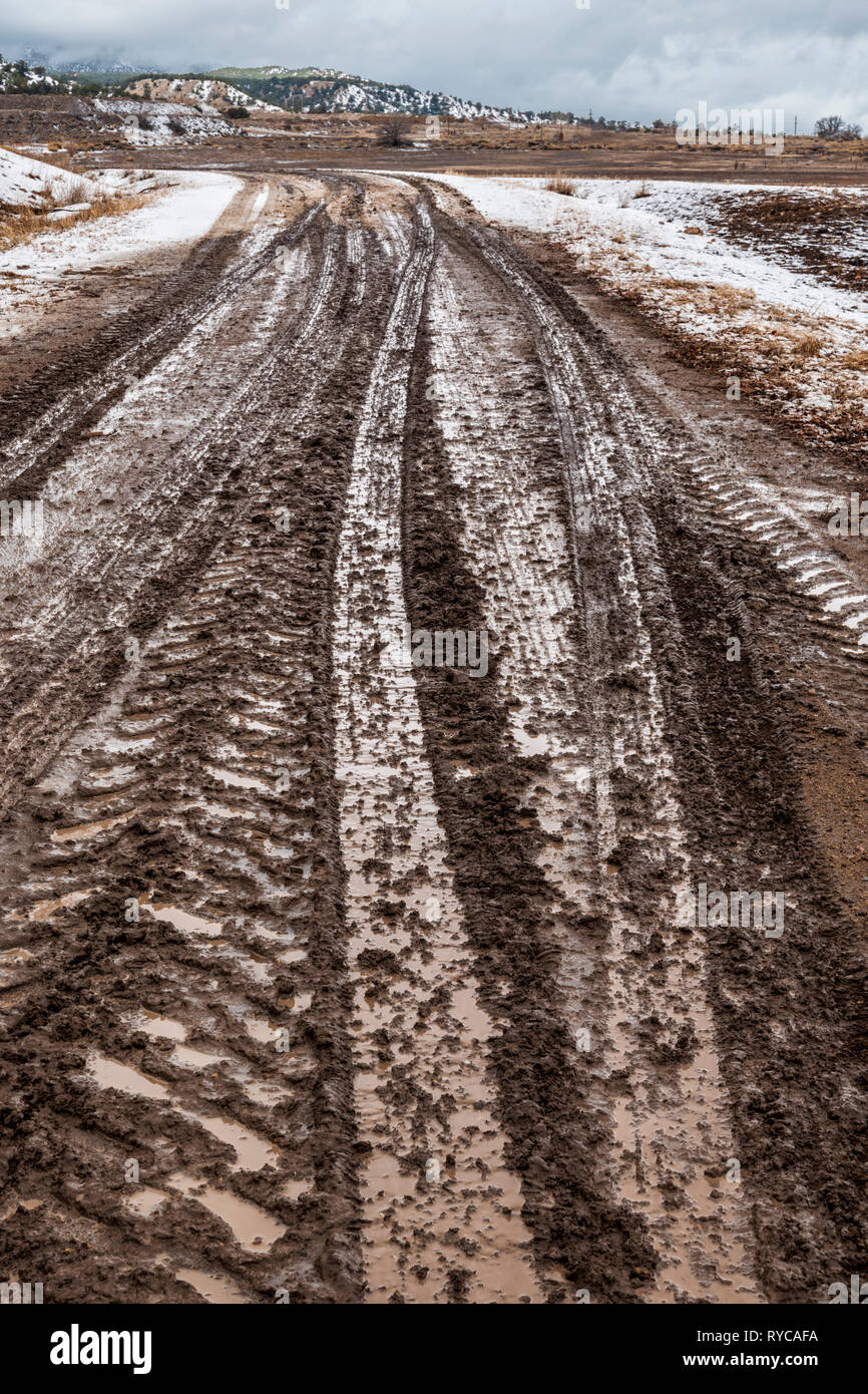 Terreni fangosi tracce di pneumatici su un ranch strada sterrata; central Colorado; USA Foto Stock