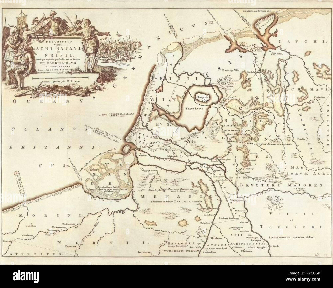 Mappa storica dei Paesi Bassi al momento dell'Batavians Frisoni e II, Jan Luyken, Henricus Wetstein, 1697 Foto Stock
