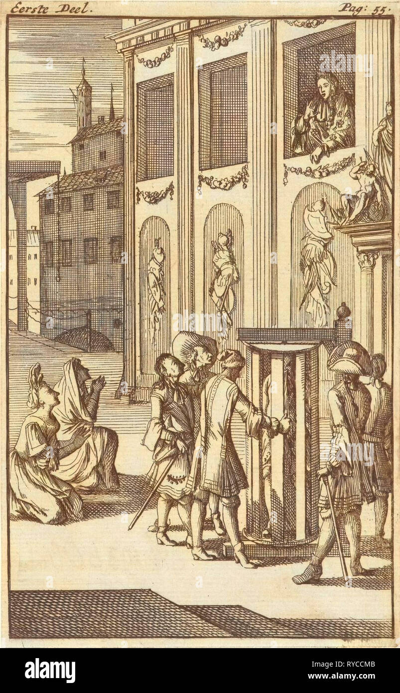 Mirandor's master, il locandiere, nella gabbia di tornitura, Caspar Luyken, Pieter van Rijschooten, 1695 Foto Stock
