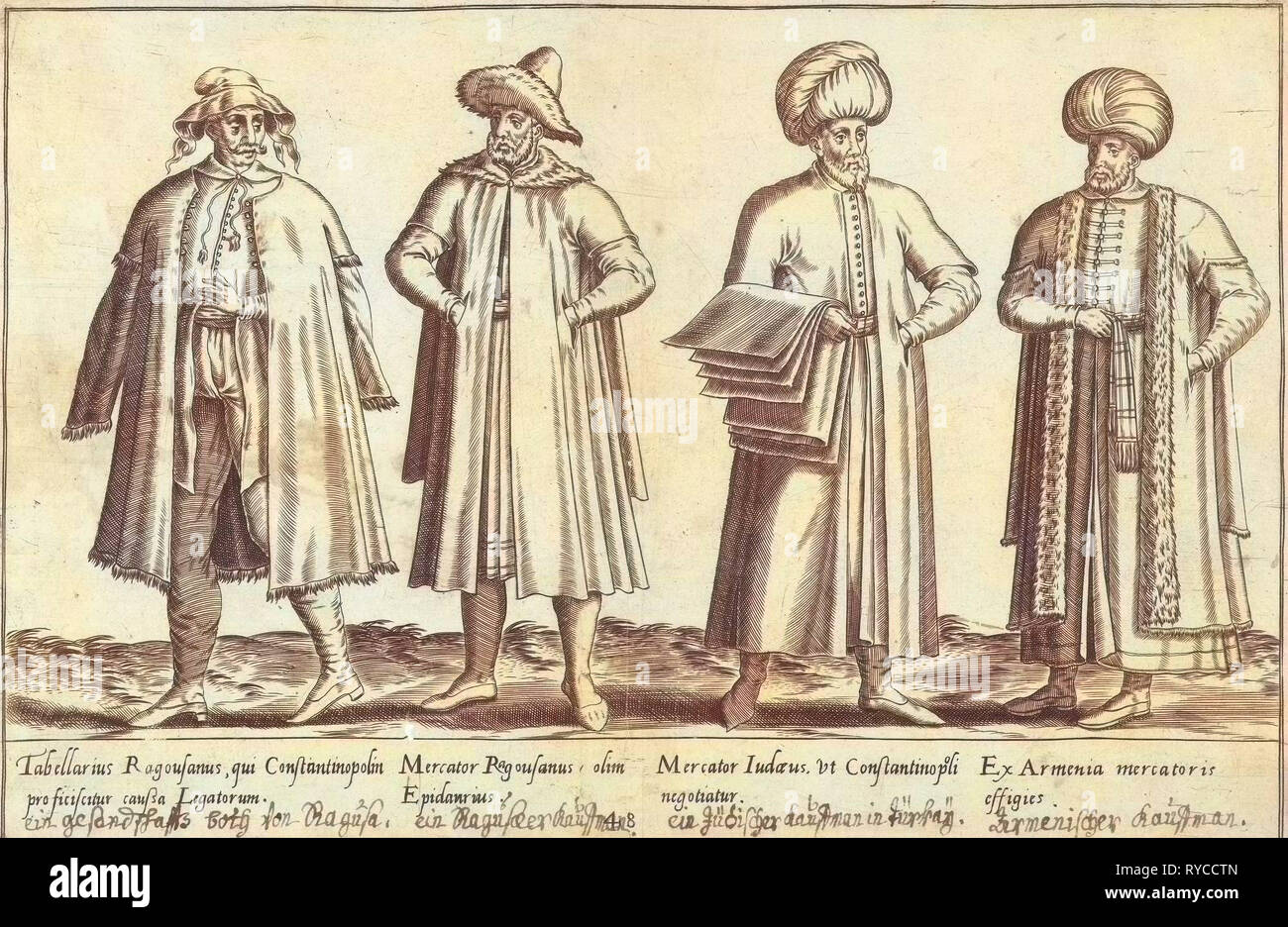 Abbigliamento da mercanti a Costantinopoli intorno 1580 Istanbul Turchia, Abraham De Bruyn, Joos de Bosscher, 1581 Foto Stock