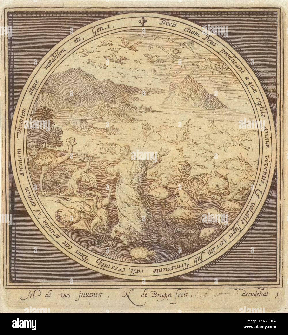 Quinto giorno della creazione Dio crea i pesci e uccelli, Nicolaes De Bruyn, 1581-1656 Foto Stock