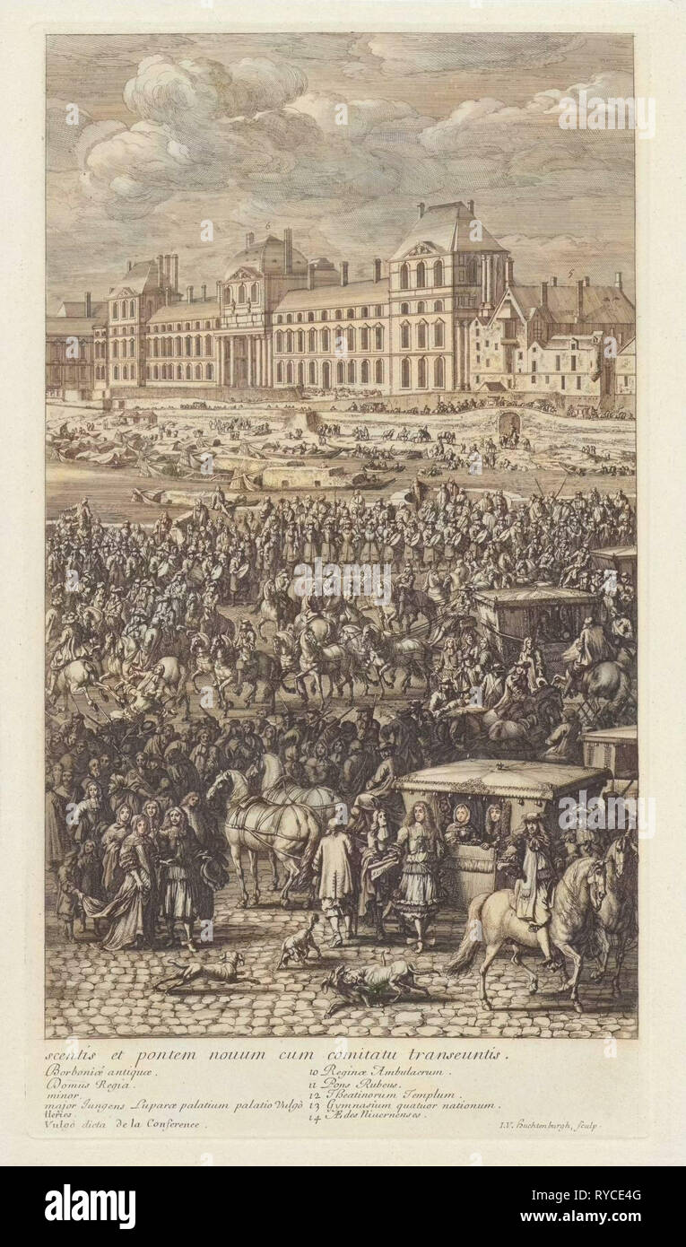 Protezione posteriore della processione di Re Luigi XIV di Francia sul Pont Neuf, Jan van Huchtenburg, Adam Frans van der Meulen, 1667 - 1669 Foto Stock