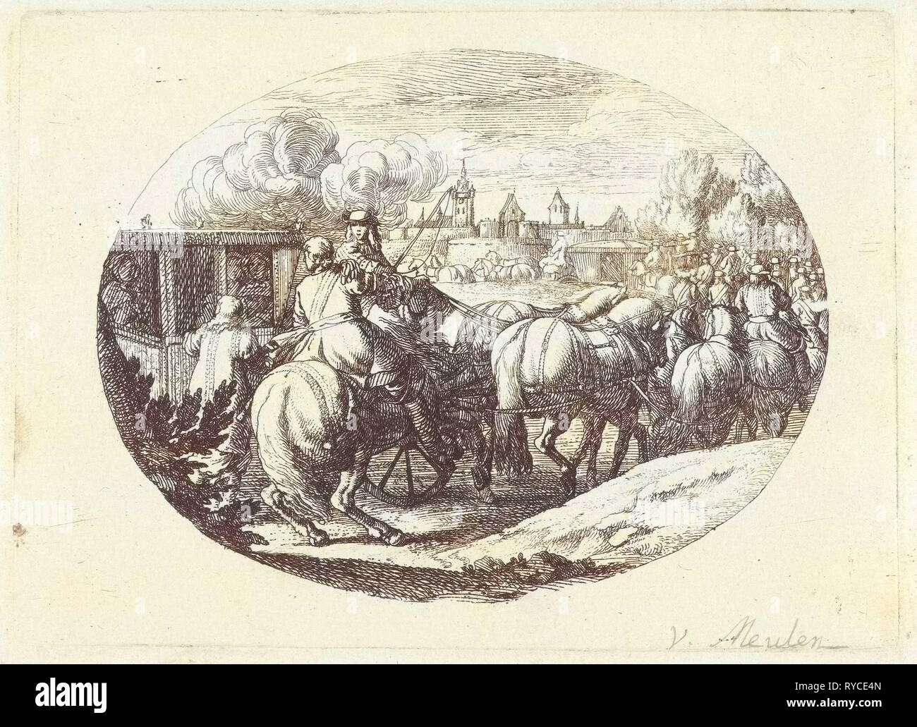 Esercito e carrelli andare in una città, Jan van Huchtenburg, Adam Frans van der Meulen, 1674 - 1733 Foto Stock