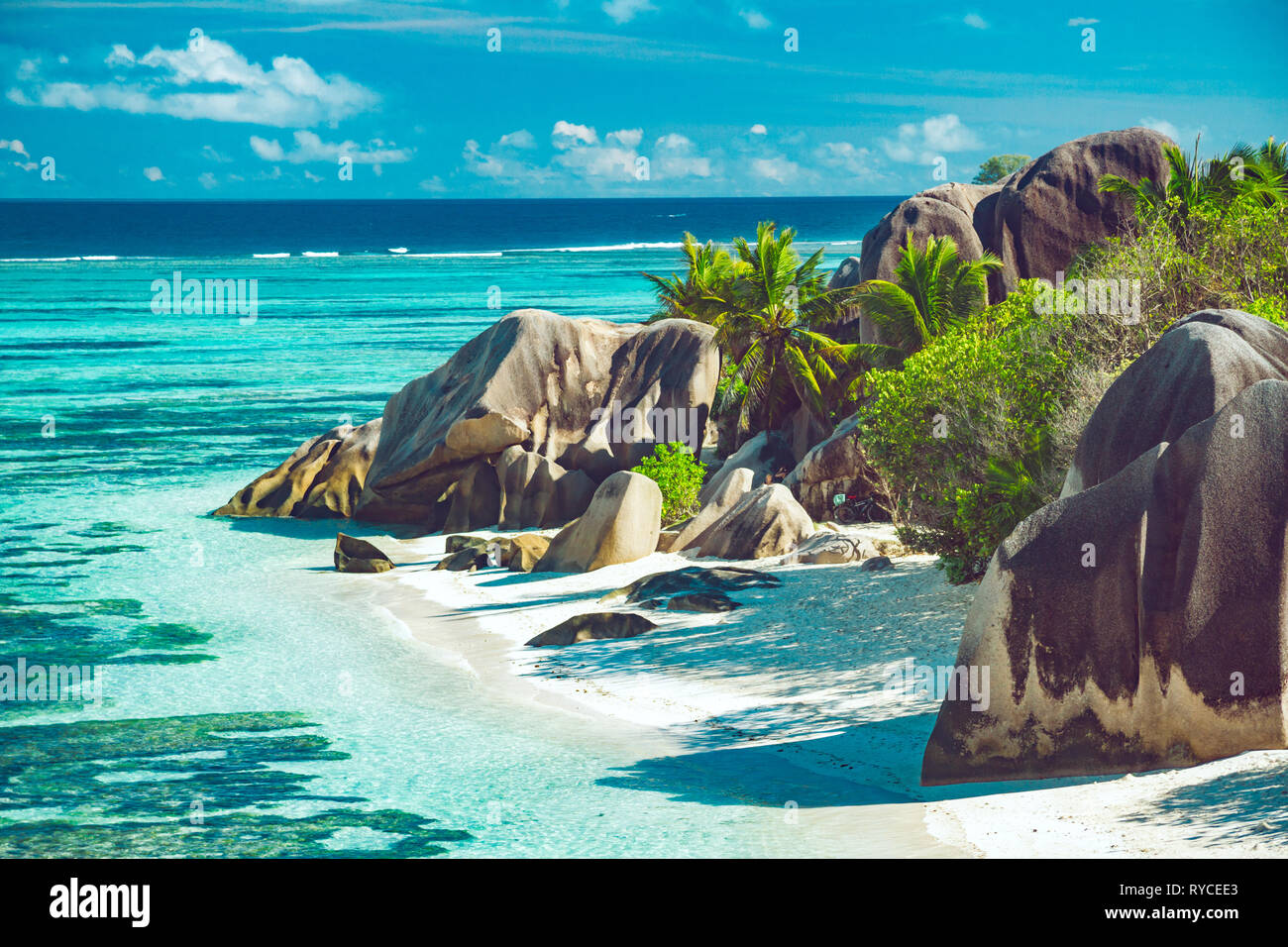 La spiaggia più bella delle Seychelles - Anse Source d'Argent Foto Stock