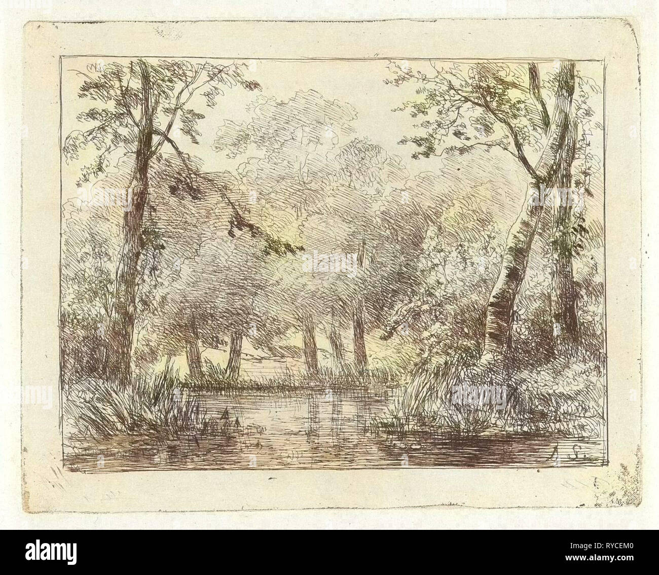 Scena di foresta con un laghetto, Andreas Schelfhout, 1852 Foto Stock