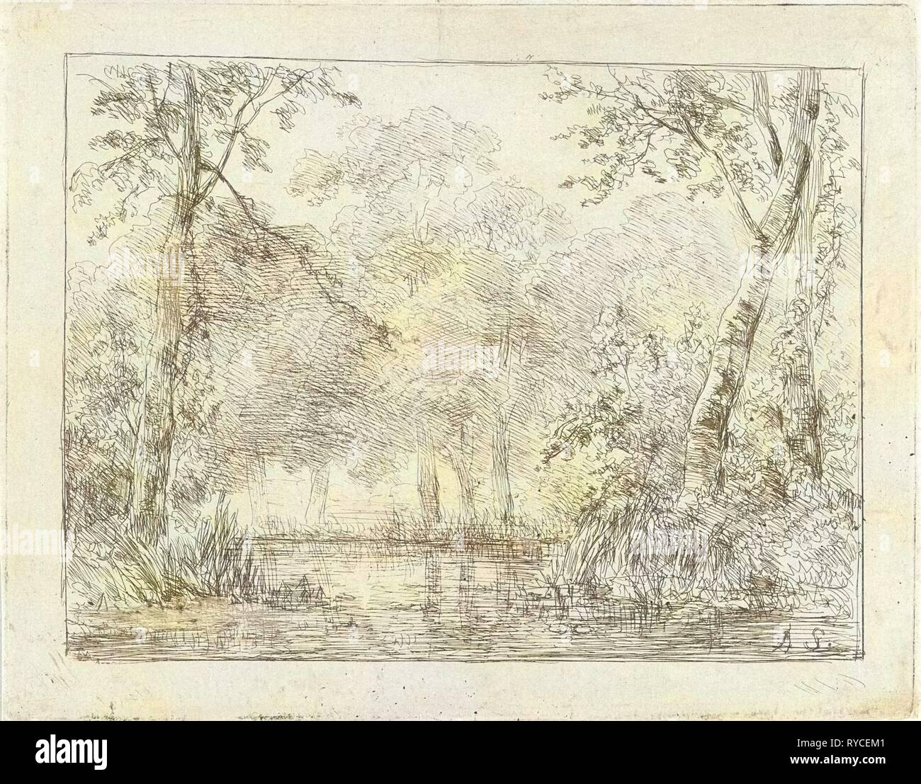 Scena di foresta con un laghetto, Andreas Schelfhout, 1852 Foto Stock