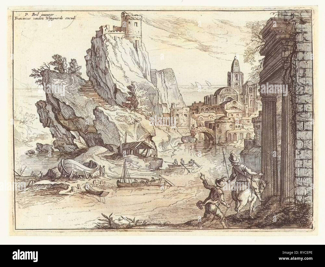 Costa rocciosa della Campania city e per i viaggiatori in Italia, Paul Bril, Frans van den Wijngaerde, stampa maker: Anonimo, 1590 - 1679 e 1634 - 1679 Foto Stock