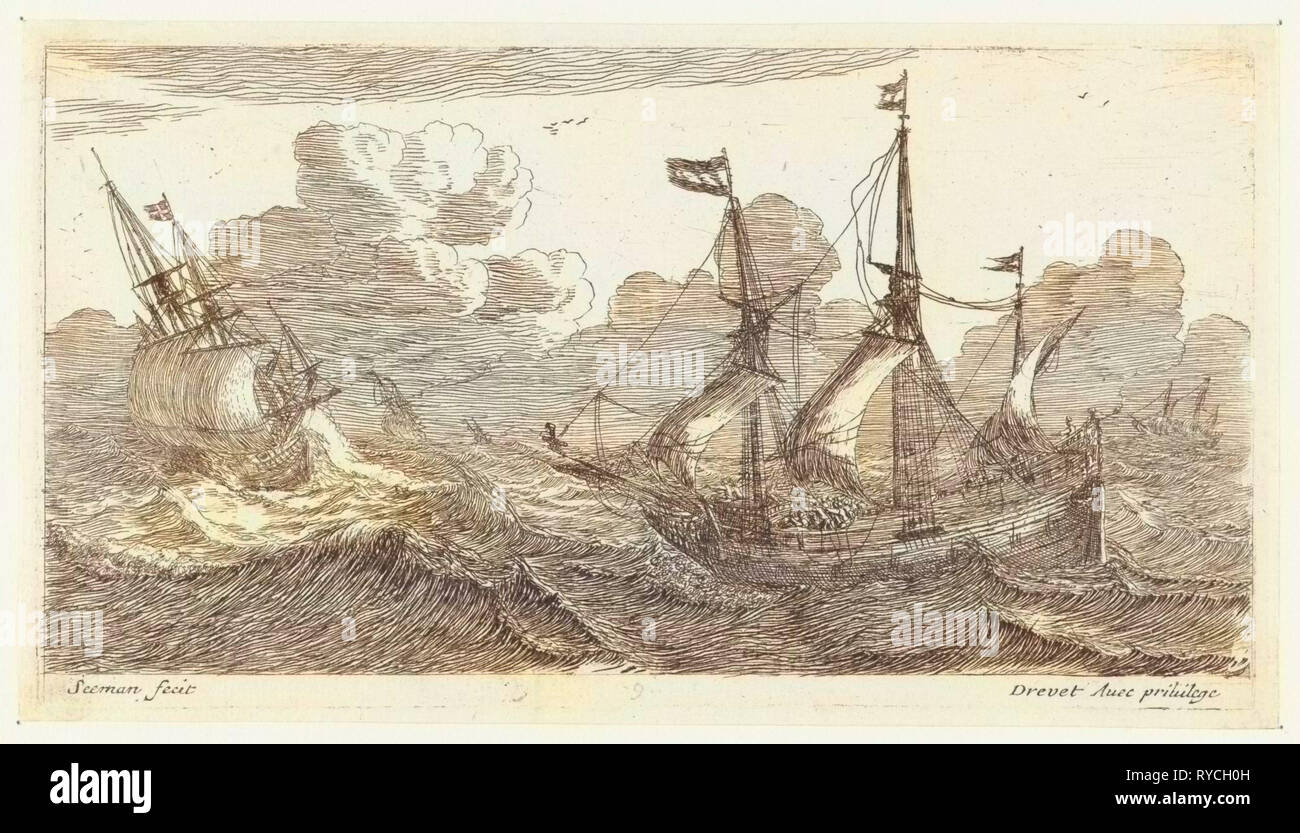 Barca a vela nei mari ruvida, anonimo, Pierre Drevet, 1650 - 1738 Foto Stock