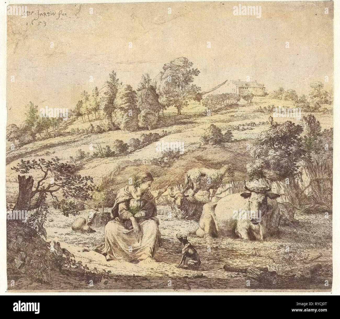 Paesaggio collinare con il cane pastore nei pressi di un gregge di appoggio, stampa maker: Karel Dujardin, 1653 Foto Stock