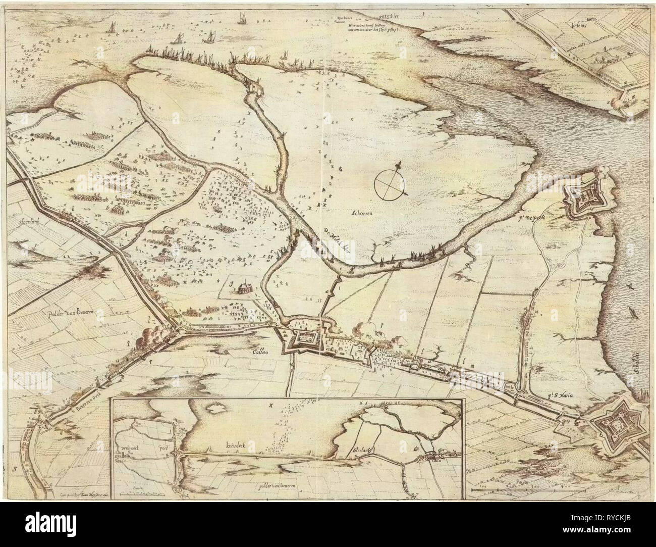 Fallito attentato su Fort Kallo, Belgio, 1638 Bonaventura Peeters, ho Jan Meyssens, sconosciuto Foto Stock