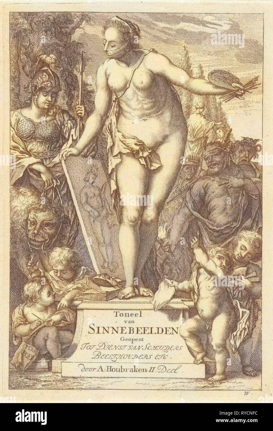 Personificazione della pittura su un piedistallo, Arnold Houbraken, Nicolaes de Vries, 1688 - 1700 Foto Stock