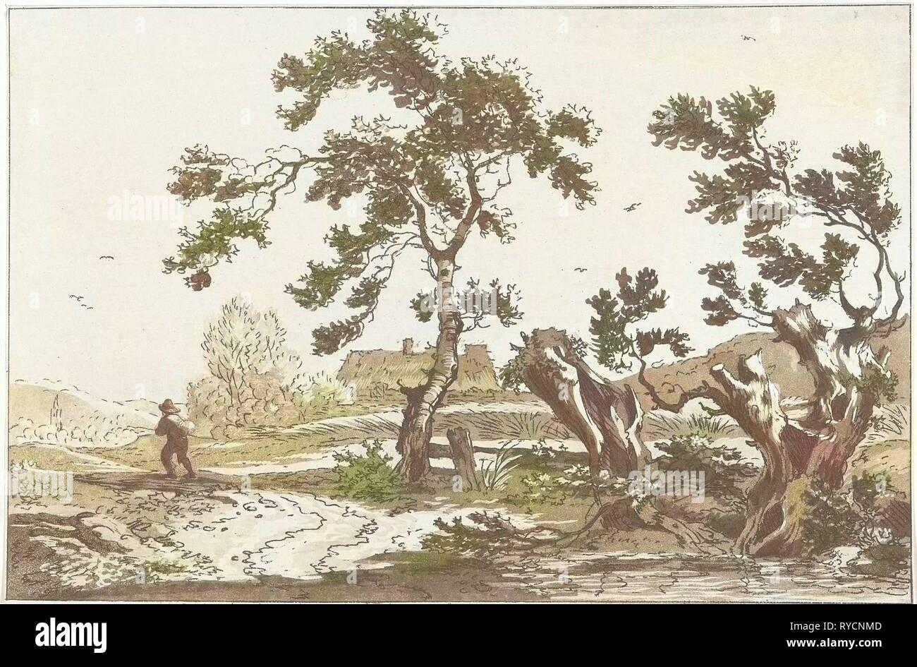 Paesaggio con alberi lungo una strada, sul modo in cui un viaggiatore visto dal retro, stampa maker: Hendrik Meijer, risalente 1789 - 1793 Foto Stock