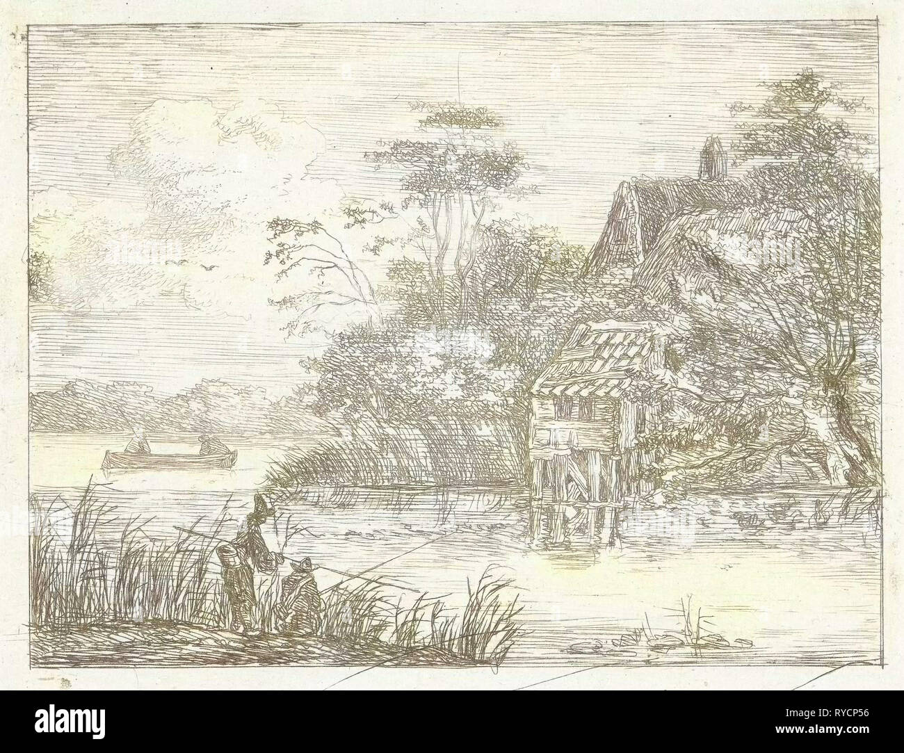 Paesaggio con acqua di fattoria e due pescatori, Albertus Brondgeest, 1796 - 1849 Foto Stock