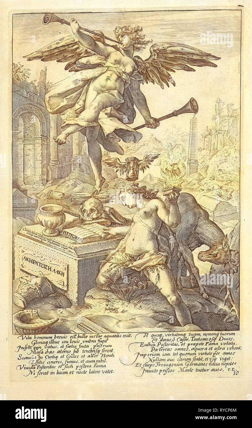 Allegoria della Fama e della storia, anonimo, Hendrick Goltzius, Franco Estius, 1645 - 1706 Foto Stock