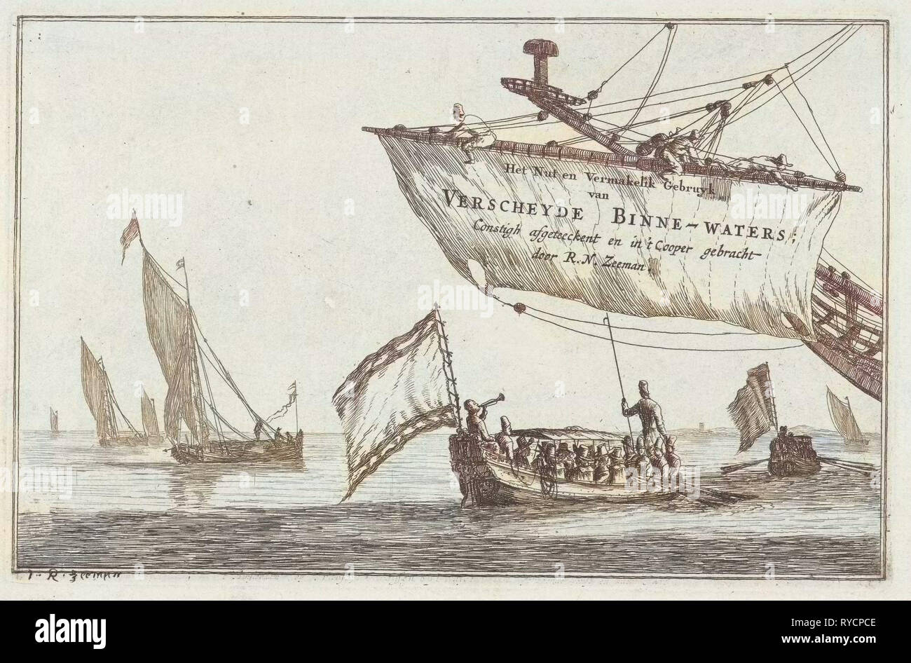 Membri Loupe e vela su acque calme, Reinier Nooms, 1654 - 1750 Foto Stock