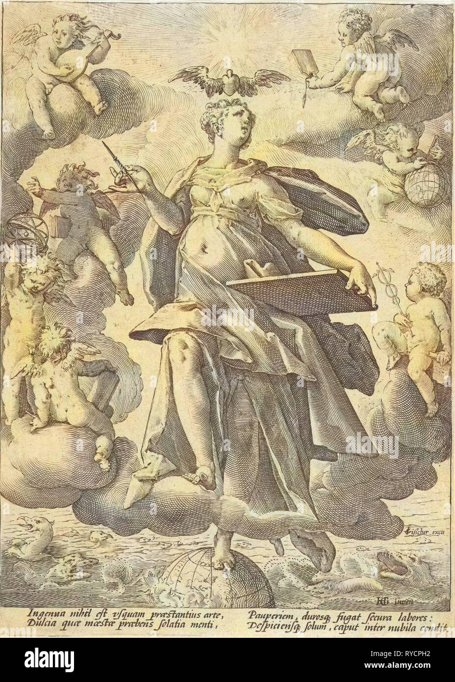 Allegoria dell'arte, stampa maker: Hendrick Goltzius officina di, Hendrick Goltzius, Claes Jansz. Visscher II, 1586 - 1590 e 1596 - 1652 Foto Stock